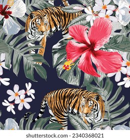 Seamless pattern Hibiscusand frangipani flowers and tiger background.Vector illustration dry watercolor hand drawing stlye.Fabric design texitle