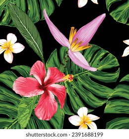 Seamless pattern Hibiscusand frangipani and musa ornata flowers monstera green leaf background.Vector illustration dry watercolor hand drawing stlye.Fabric design texitle