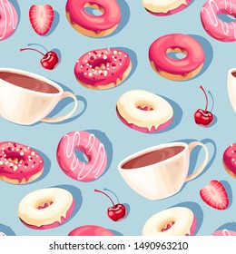 Seamless pattern with high detail glazed donuts