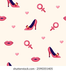 Seamless pattern with high heel shoes and red lips on beige background. March 8 Women's Day. Vector illustration.