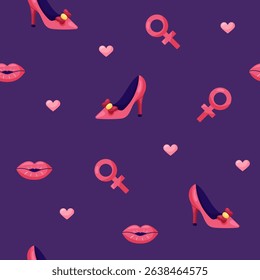 Seamless pattern with high heel shoes and red lips on dark background. March 8 Women's Day. Vector illustration.