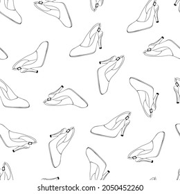 Seamless pattern with high heeled shoes. Hand drawn vector illustration on a white background.