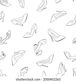 Seamless pattern with high heeled shoes. Hand drawn vector illustration on a white background.