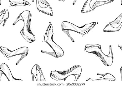 Patrón transparente de zapatos de tacón alto, ilustración vectorial monocroma