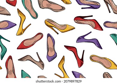 Seamless pattern of high heeled shoes in different colors, vector illustration