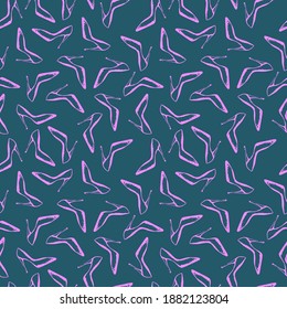 Seamless pattern with high heels glamour shoes. Hand drawn pattern with pink shoes isolated on emerald green background. Design for textile, wrapping paper, curtains, clothes, home decor.