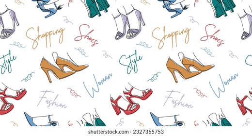 Patrón sin inconvenientes de zapatos de tacones altos - sandalias y bombas. Elementos de diseño dibujados con una línea continua y fondo de color plano. Antecedentes para uso en diseño, sitio web, envoltura, textil.