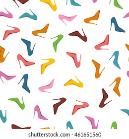 Seamless pattern high heels shoes. Fashion accessories illustration Abstract background with shoes of different colors. For shops, advertisements, banners, posters. New collection. Sale. Vector