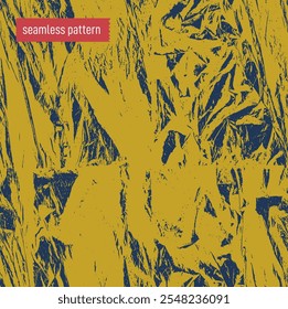 Padrão contínuo de alta qualidade texturizado, filme plástico amassado, fundo irregular. Grânulos de ruído escuro. Textura de ruído vetorial em forma de quadro. Manchas amarelas contínuas de tinta em um fundo azul