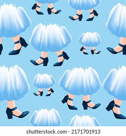 Seamless pattern with high-heel shoes and blue skirt on blue background. Vintage Woman's legs in blue high-heeled shoes and blue dress. Perfect for textile fabric print, wrapping, wallpapers, etc.