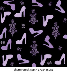 Seamless pattern with high-heeled shoes and lavender. Repeating abstract background. Purple, pink and black. Can be used as a cover for prints of clothes and bags, business notebook, decoration of gif