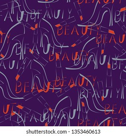 Seamless pattern with high-heeled shoes, lipstick and the word beauty.