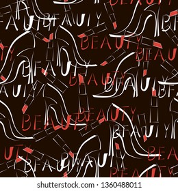 Seamless pattern with high-heeled shoes, lipstick and the word beauty.
