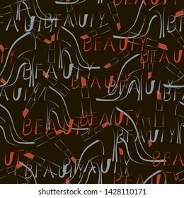 Seamless pattern with high-heeled shoes, lipstick and the word beauty.
