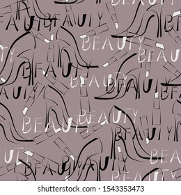 Seamless pattern with high-heeled shoes, lipstick and the word beauty.