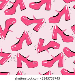 Zapatos de tacón alto sin brillo. Estilo de muñeca rosa. Diseño de moda para imprimir en tela. Patrón vectorial lindo sin inconveniente en rosa. Gloriosos zapatos rosados de tacón alto. zapatos de lujo	