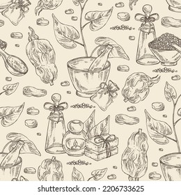 Seamless pattern with highlander multiflorous: fo ti plant and fo ti root. Polygonum Multiflorum. Oil, soap and bath salt . Cosmetics and medical plant. Vector hand drawn illustration