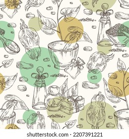 Seamless pattern with highlander multiflorous: fo ti plant and fo ti root. Polygonum Multiflorum. Oil, soap and bath salt . Cosmetics and medical plant. Vector hand drawn illustration