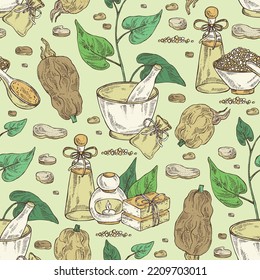 Seamless pattern with highlander multiflorous: fo ti plant and fo ti root. Polygonum Multiflorum. Oil, soap and bath salt . Cosmetics and medical plant. Vector hand drawn illustration