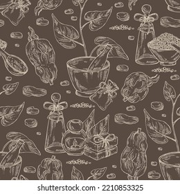 Seamless pattern with highlander multiflorous: fo ti plant and fo ti root. Polygonum Multiflorum. Oil, soap and bath salt . Cosmetics and medical plant. Vector hand drawn illustration