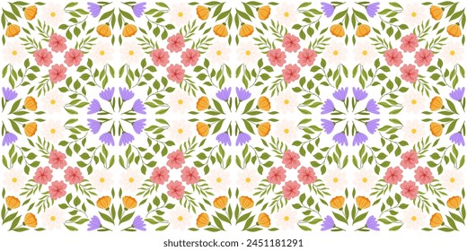 Seamless pattern highlighting floral elements. Botanical-inspired repeating design with lilac, orange, and white flowers, pink cherry blossom, various leaves.