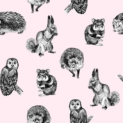 Seamless Pattern Of Highly Detailed Hand Drawn Squirrel, Owl, Hamster And Hedgehog On Light Pink Background. Forest Small Animals Vector Design