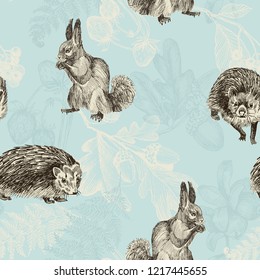 Seamless pattern of highly detailed hand drawn fern, acorn, blackberry, squirrel and hedgehog on blue background. Vector design for kid fabric textile, prints.