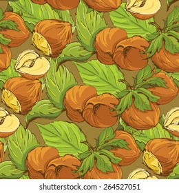 Seamless pattern with highly detailed hand drawn hazelnuts on brown background 