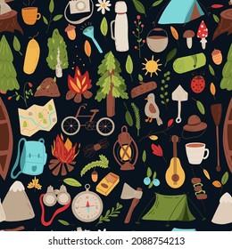 Seamless pattern hike, camping. Vector illustration on dark blue background.