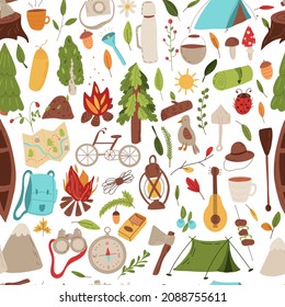Seamless pattern hike, camping. Vector illustration on white background.