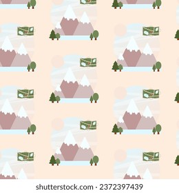 Seamless Pattern. Hiking and camping clipart. Nature Digital paper for nursery room, textile decor, kids wallpaper. Children repeat background for fabric design
