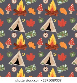 Seamless Pattern. Hiking and camping clipart. Nature Digital paper for nursery room, textile decor, kids wallpaper. Children repeat background for fabric design. Vector flat illustration.
