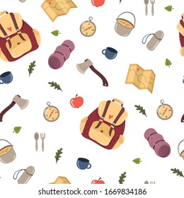 Seamless pattern with Hiking and Camping design elements. Cute cartoon vector illustration.