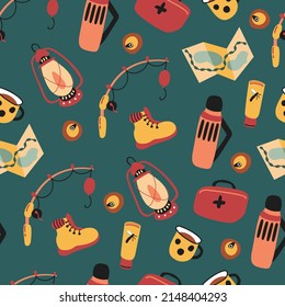 Seamless pattern with hiking elements. Drawn style. Lantern, canned food, mug, fishing rod, thermos, first aid kit, map, insect repellant, boots.
