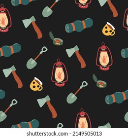 Seamless pattern with hiking elements. Drawn style. Lantern, axe, shovel, sleeping bag, canned food, mug.	