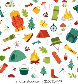 Seamless pattern of hiking equipment for summer camping, trekking, travel supplies for outdoor base camp. Print for textile, wrapping paper. Isolated flat vector illustration