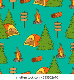 Seamless pattern with hiking icons vector. Colorful illustration with equipment for trekking and backpacking. Tourism and outdoor recreation icon, camping trip. Decorative wallpaper, good for printing