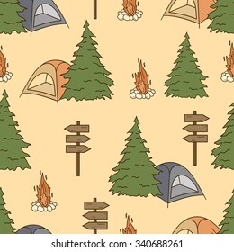 Seamless pattern with hiking icons vector. Colorful illustration with equipment for trekking and backpacking. Tourism and outdoor recreation icon, camping trip. Decorative wallpaper, good for printing