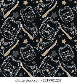 Seamless pattern with hiking and tourism theme. Backpack and sneakers on dark background. Stars and white outline of hiking gear on black. Wallpaper, digital paper, fabric, background. Vector.