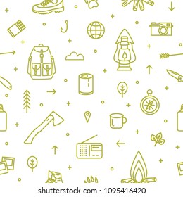 Seamless pattern with hiking and touristic equipment and tools for camping trip and travel drawn with green contour lines on white background. Monochrome vector illustration in trendy line art style