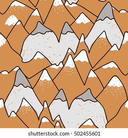 Seamless pattern of hills and cliffs. Pattern in the Scandinavian style. Drawing by hand. Baby children. High mountains with snowy peaks.