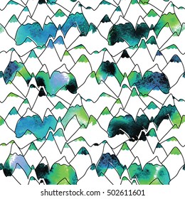 Seamless pattern of hills and cliffs. Pattern in the Scandinavian style. Drawing by hand. Baby children. High mountains with snowy peaks.