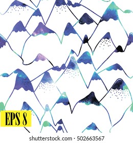 Seamless pattern of hills and cliffs. Pattern in the Scandinavian style. Drawing by hand. Baby children. High mountains with snowy peaks.