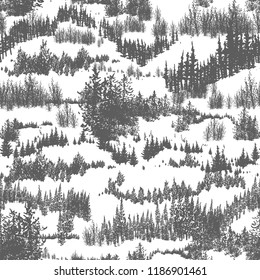 Seamless pattern with hills overgrown by evergreen coniferous forest or woodland. Backdrop with conifers grown in wild nature. Hand drawn monochrome vector illustration for wrapping paper, wallpaper.