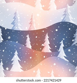 Seamless pattern, hills and trees, vector background on a winter theme