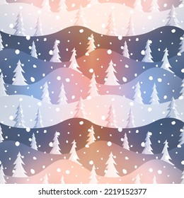 Seamless pattern, hills and trees, vector background on a winter theme