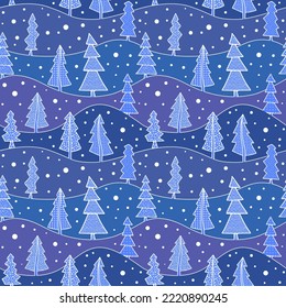 Seamless pattern, hills and trees, vector background on a winter theme
