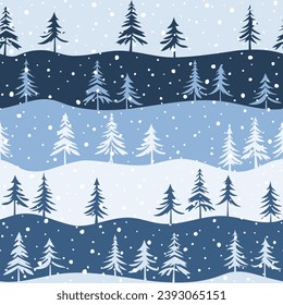 Seamless pattern, hills and trees, winter background, vector design