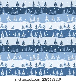 Seamless pattern, hills and trees, winter background, vector design