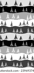 Seamless pattern, hills and trees, winter background, vector design